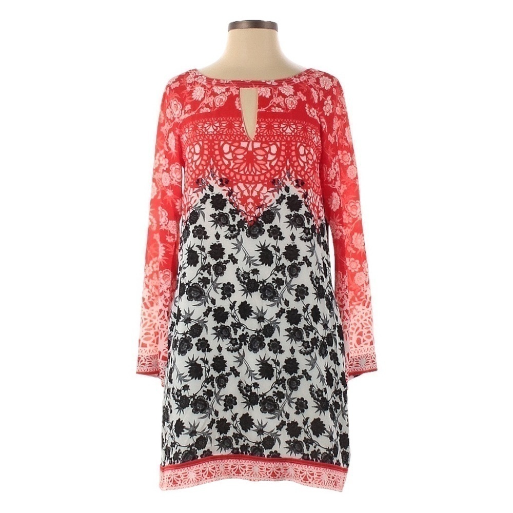 Yoana Baraschi Floral Print Shift Dress S Red Black White Keyhole L/S Lined